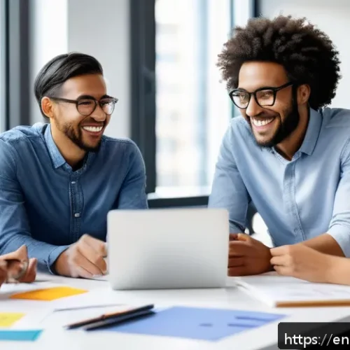 Home 33 스토리텔러 직무와 관련된 글로벌 사례 - A warm, inviting modern office scene showing a diverse group of employees engaged in a collaborative...