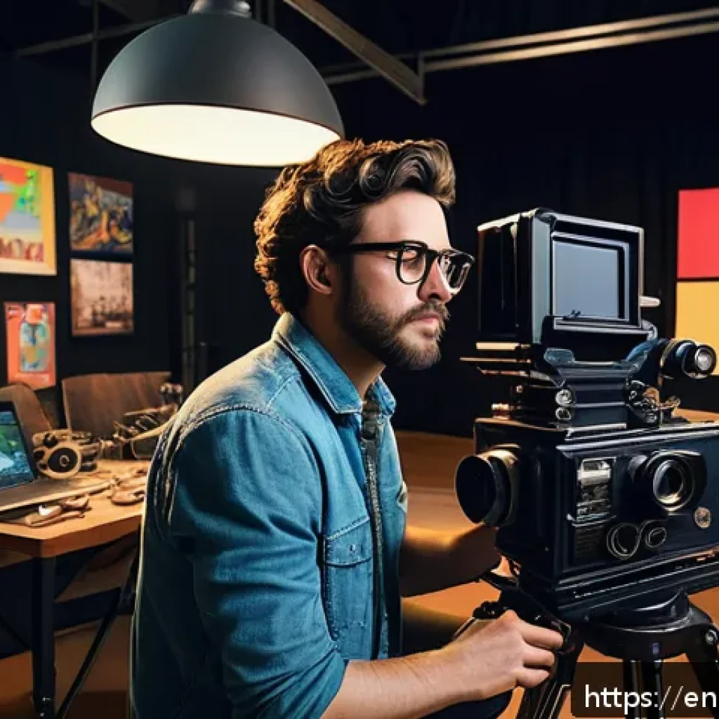 스토리텔러와 관련된 주요 직무 소개 - A dynamic indie filmmaker on set, wearing casual creative attire and glasses, directing a diverse ca...