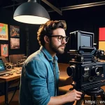 Home 18 스토리텔러와 관련된 주요 직무 소개 - A dynamic indie filmmaker on set, wearing casual creative attire and glasses, directing a diverse ca...