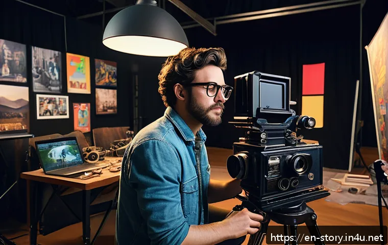 스토리텔러와 관련된 주요 직무 소개 - A dynamic indie filmmaker on set, wearing casual creative attire and glasses, directing a diverse ca...