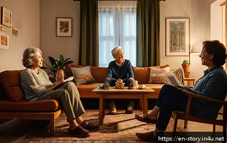 스토리텔러와 퍼포먼스 스토리텔링의 차이 - A warm and inviting scene of a casual storytelling gathering in a cozy living room, featuring a dive...