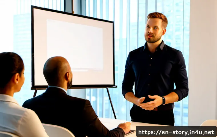 Home 31 스토리텔러와 비즈니스 성공 사례 연구 - Photorealistic editorial scene of a confident business storyteller presenting a successful startup c...