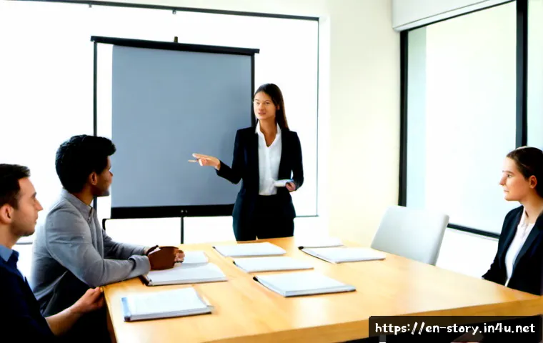 스토리텔러로서 비즈니스 스토리텔링 활용법 - Photorealistic business storytelling workshop in a bright modern American office, confident presente...
