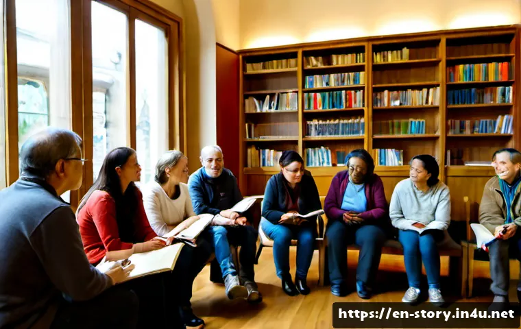 스토리텔러가 되기 위한 커뮤니티 활동 - Photorealistic community storytelling workshop in a welcoming public library, a diverse group of adu...