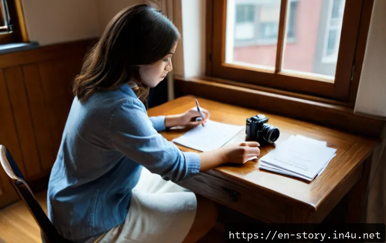 스토리텔러가 되는 과정을 기록한 다큐멘터리 - Photorealistic documentary-style scene of an aspiring storyteller in a cozy American apartment, seat...