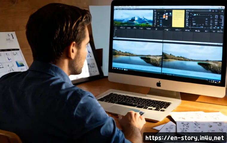 스토리텔러 직무에서의 스토리 제작 능력 향상 방법과 사례 분석 - Photorealistic editorial workspace scene of a professional storyteller improving a narrative, seated...